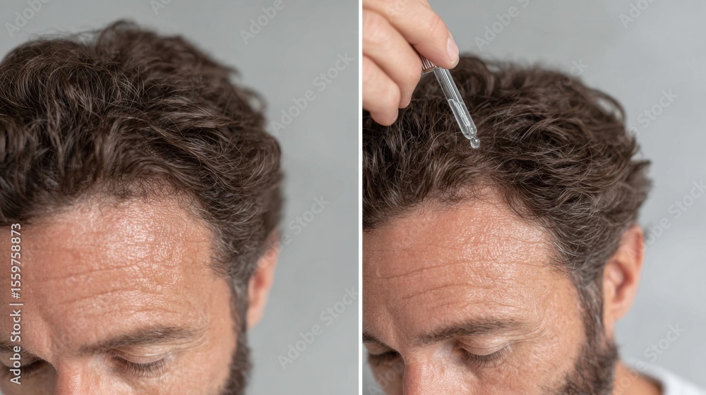 Obraz premium Man applying serum to scalp in a bright indoor setting, focusing on hair care and wellness routine for healthy hair growth. Hair Loss Awareness Month