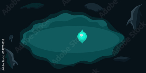 A solitary burning candle floats on the calm ocean waves under a vast blue sky