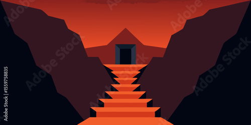 A man stands on stairs against a dramatic sunset sky over a mountain landscape, his silhouette stark against the vibrant orange and red clouds