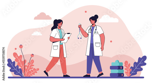 Two female doctors in white coats are discussing medical issues outdoors, using a clipboard and a stethoscope in a flat design illustration, ideal for a healthcare landing page or presentation banner.