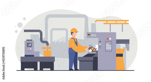 A male worker in a hard hat operates a machine in a modern industrial factory setting, depicted in a flat design style, ideal for presentations, banners, landing pages, and marketing materials.