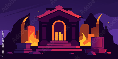 Nighttime church illustration: a mystical building icon with glowing windows under a moonlit sky
