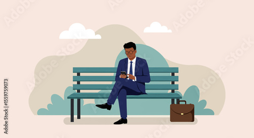 A man dressed in a suit is seated on a bench, engrossed in his phone, with a briefcase beside him. Suitable for landing page, banner, marketing, web design, presentation, infographic, etc.