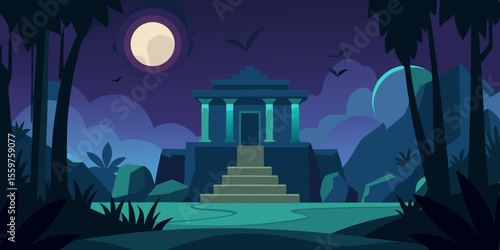 Spooky old castle silhouette under a dark, moonlit sky with stars, perfect for a Halloween night landscape illustration