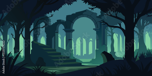 Spooky Halloween night with a scary, ancient stone archway silhouette, evoking medieval church ruins in an abstract, urban setting