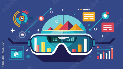 Virtual reality headset displaying data visualizations and charts in a digital environment