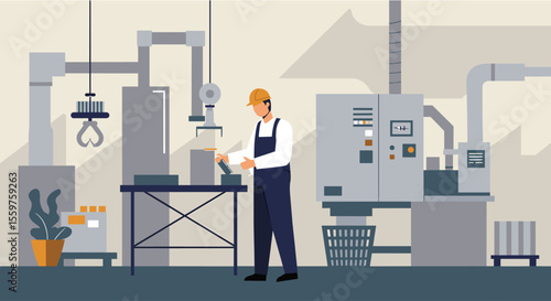 A male factory worker in coveralls and helmet uses a tablet to monitor automated machinery in a modern industrial facility, showcasing smart factory technology and automation in manufacturing.