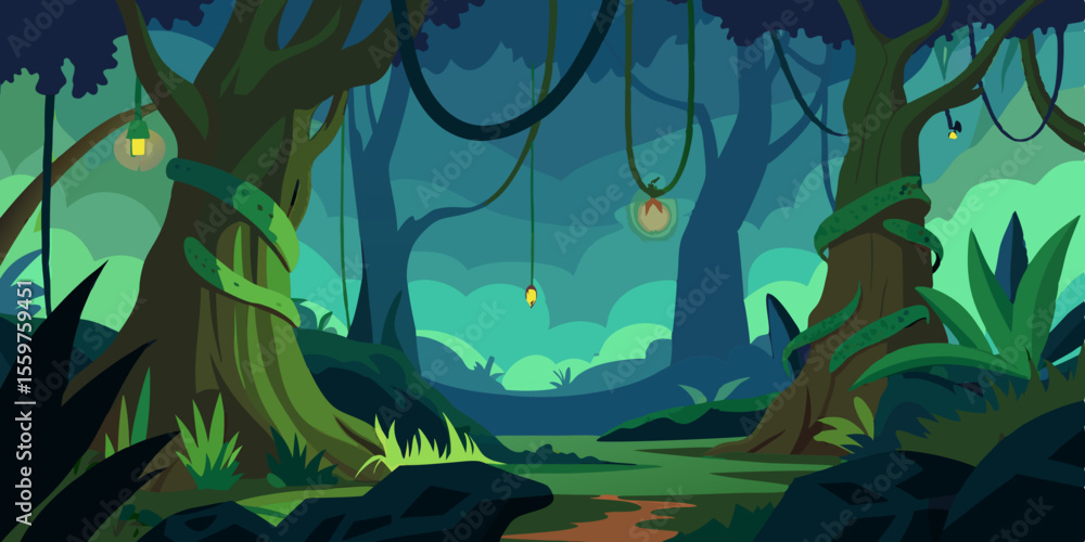 Enchanted Jungle Path Mysterious Night Forest Illustration Enchanted Jungle Path Mysterious Night Forest Illustration