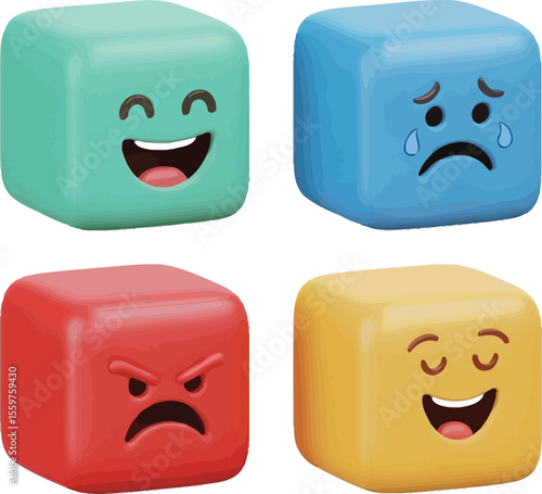 Four emoji cubes displaying happy sad angry and content on a white backdrop
