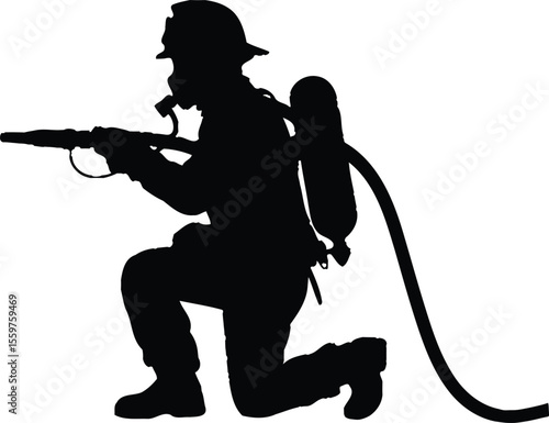 Firefighter Silhouette with Hose and Gear - Heroic Emergency Responder