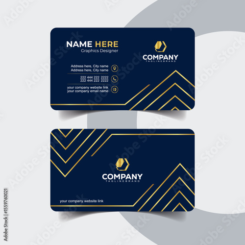 Geometric Navy Blue and Gold Business Card Template with Luxury Line Patterns. Modern navy blue and gold luxury business card template for professionals.