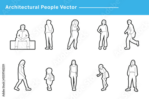 CAD Drawing. Vector illustration of men, women, standing walking talking in front back and side view. Symbol for architecture and landscape design drawing.	