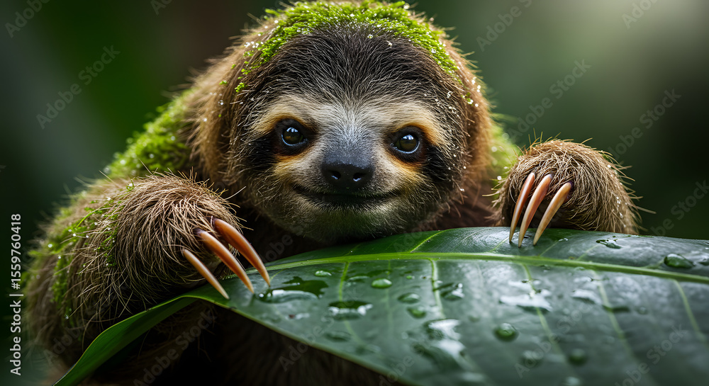 Fototapeta premium Cute Sloth on Wet Leaf