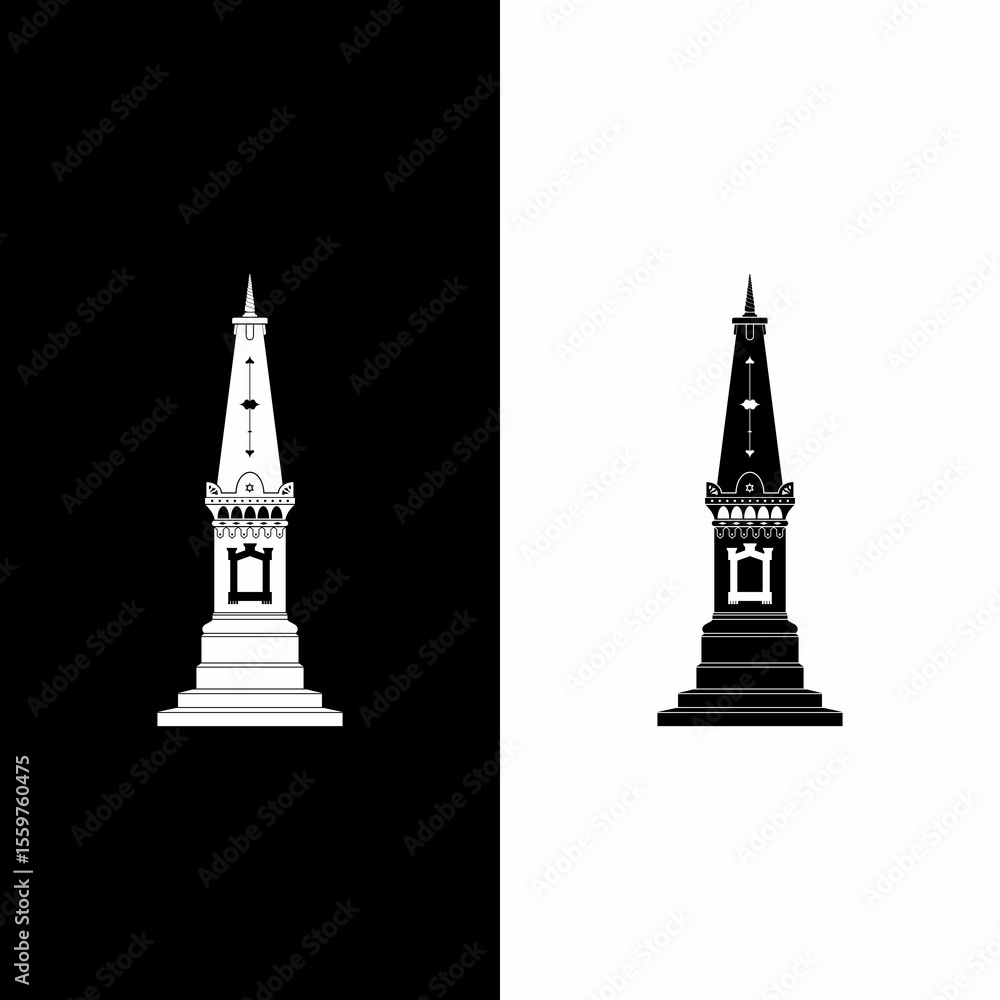Obraz premium A Black and white illustration of the symbol of Jogja, Tugu Yogyakarta. downtown Jogja which is one of the tourist destinations and is always crowded at night