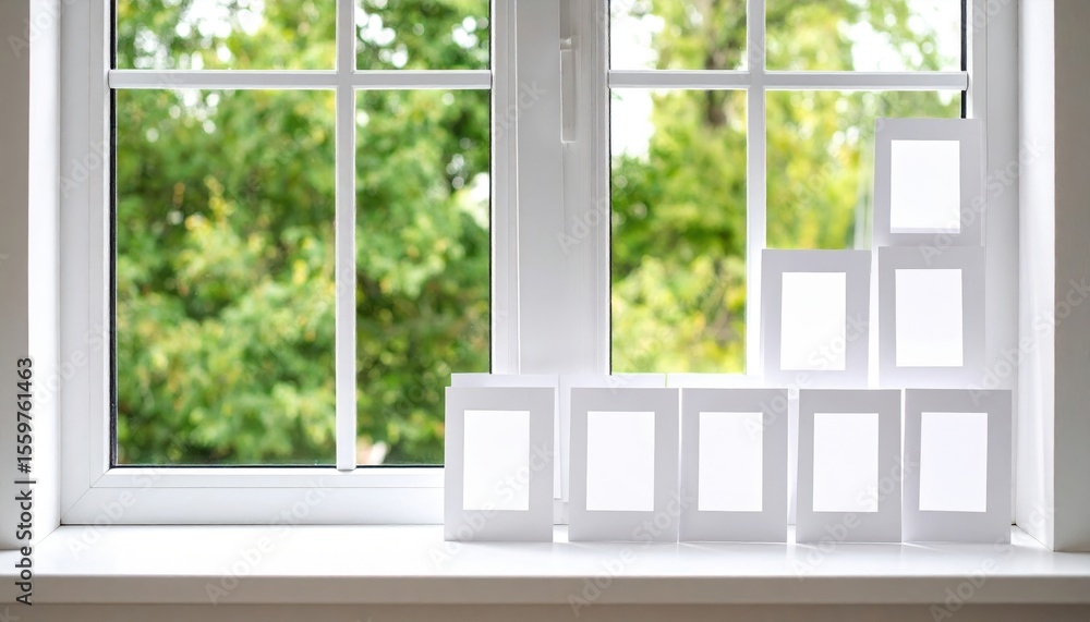 Obraz premium White picture frames arranged on a windowsill with greenery visible outside, creating a serene atmosphere