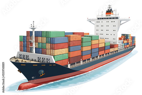 A large container ship loaded with multicolored cargo containers, ready for maritime transport, isolated  PNG file