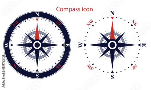Compass icon set.Compass icon for navigation and travel direction themes.Arrow compass icon sign and symbol.Comoass direction arrow icon or map N sign navigation GPS symbol stock illustration.