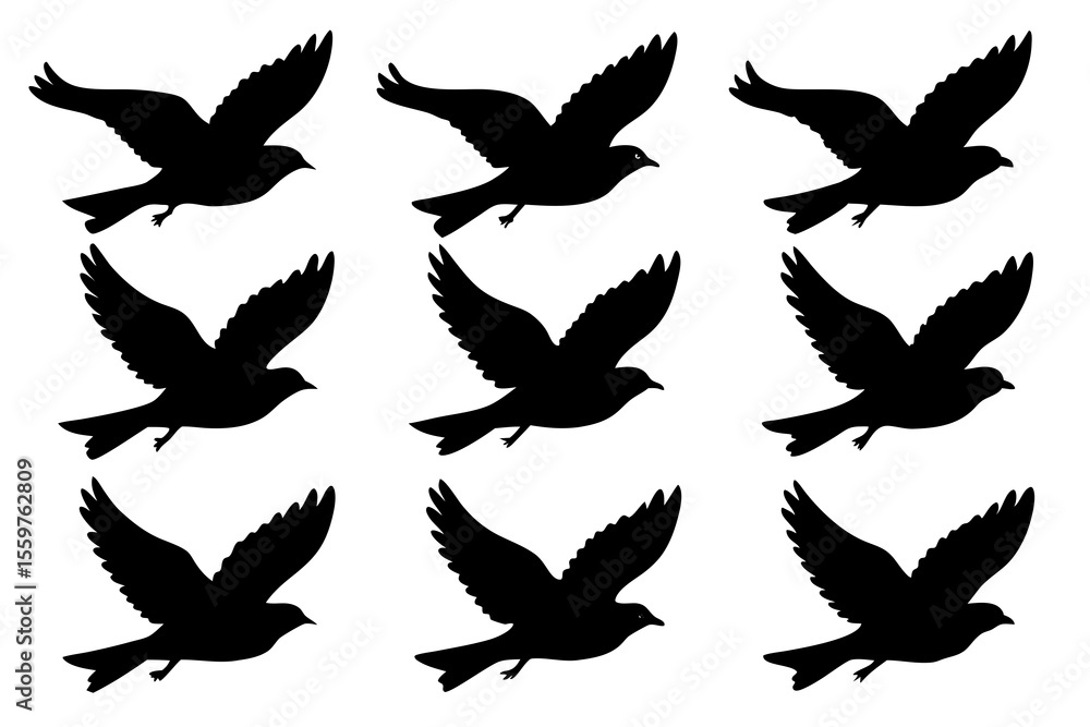 Obraz premium Black Flying Bird Silhouettes – Minimalist Flock Vector Icons in Monochrome