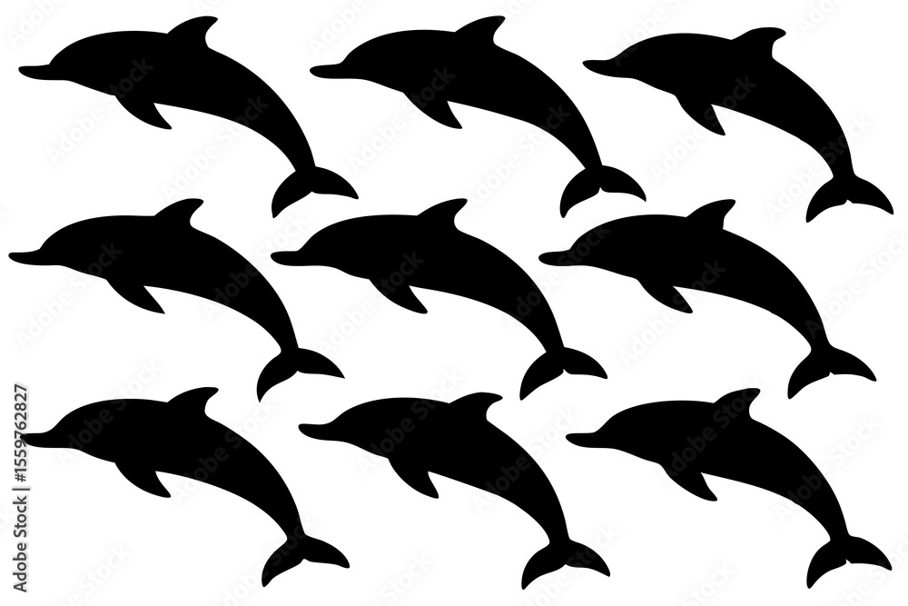 Naklejka premium Dolphin Silhouette Vector – Minimalist Pod of Dolphins in Black and White