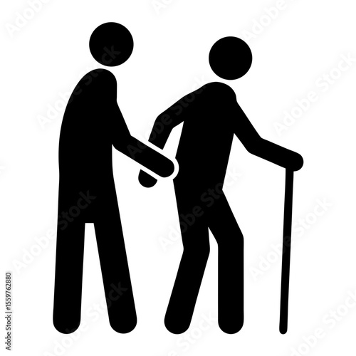 Person assisting elderly individual with walking stick vector