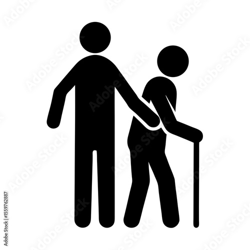 Person assisting elderly with cane stick figure pictogram vector