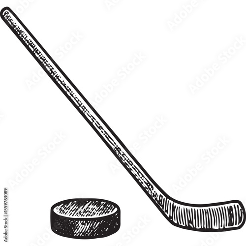 Vintage sketch of a hockey stick and puck, detailed black and white illustration, classic sport equipment design