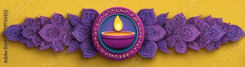 Diwali, festival of lights holiday banner with paper cut style of Indian Rangoli and diya - oil lamp. Purple color on yellow background. Vector illustration. High quality