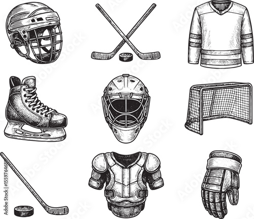 Detailed sketch of hockey gear including helmet, sticks, puck, jersey, skates, goalie mask, net, pads, and gloves