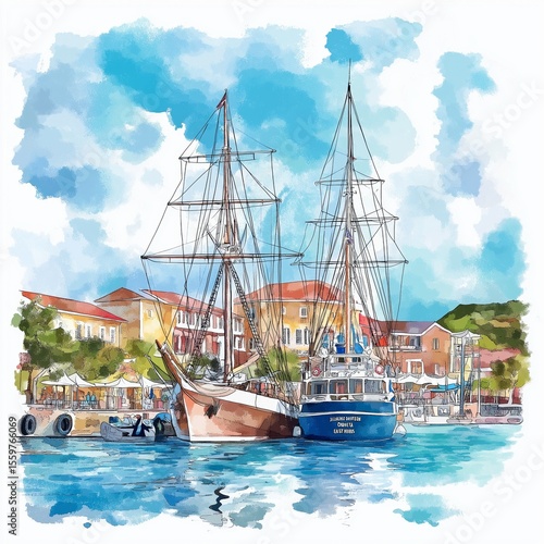 Nelson’s Dockyard. Nelson’s Dockyard hand drawn watercolor illustration