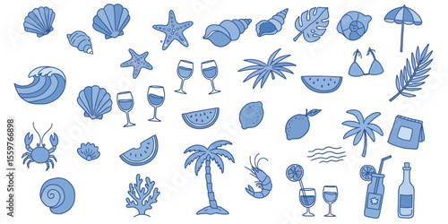 Vector set of sea elements with shells, starfish, drinks and tropical icons, flat style for summer and beach design