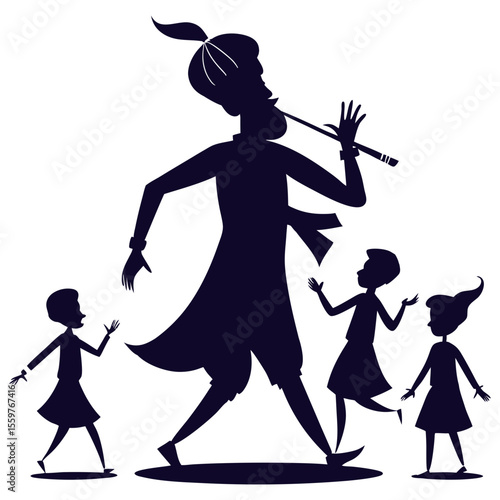 Vector illustration of a tall man playing the flute to entertain children