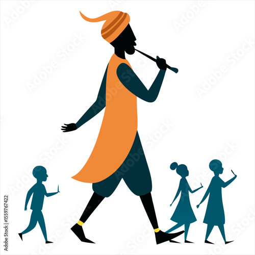 Vector illustration of a tall man playing the flute to entertain children