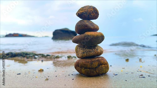 pile of stones on the beach background .stone tower
