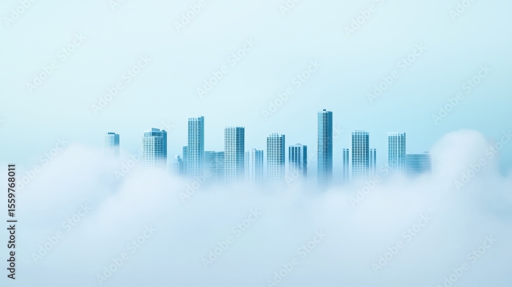 City skyline wrapped in early morning cloud haze, with buildings partially visible. City skyline wrapped in early morning cloud haze, with buildings partially visible.