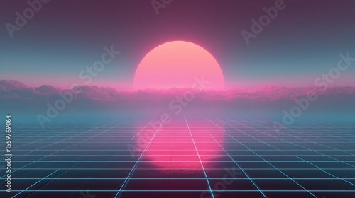 Retro Futuristic Sunrise Over Neon Landscape