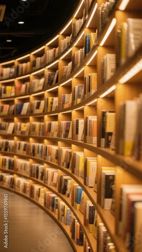 Curved Bookshelves Illuminated with Warm Lighting in a Modern Library