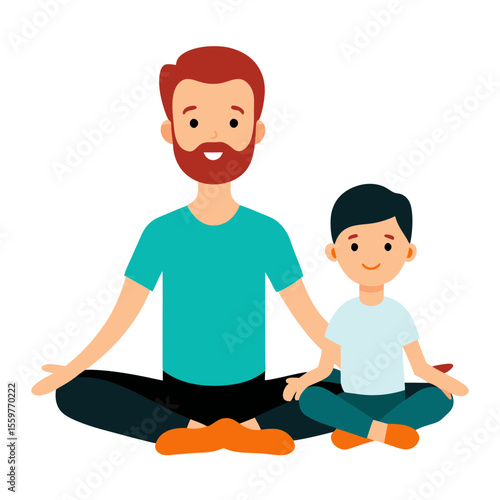 Father and son meditating together in a peaceful yoga pose