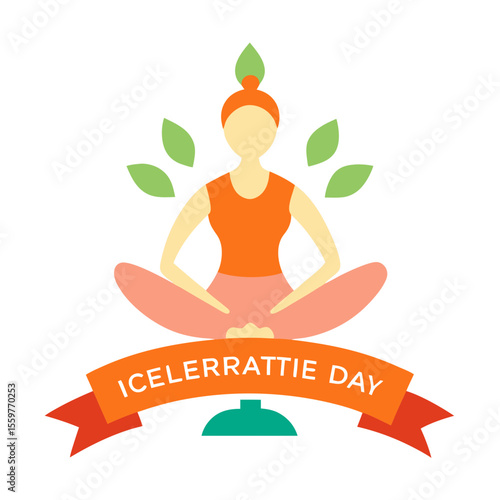 Woman meditating in lotus pose with leaves and icelerrattie day text on banner