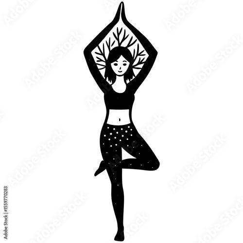 Woman in tree pose yoga with branches and stars on leggings