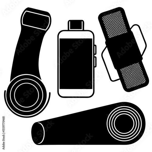 Black silhouette icons of a smartphone microphone and two rolled up yoga mats