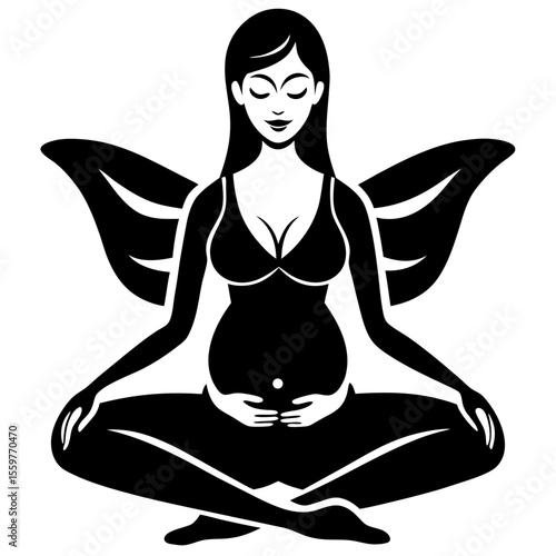 Pregnant woman with wings meditating in a serene yoga pose