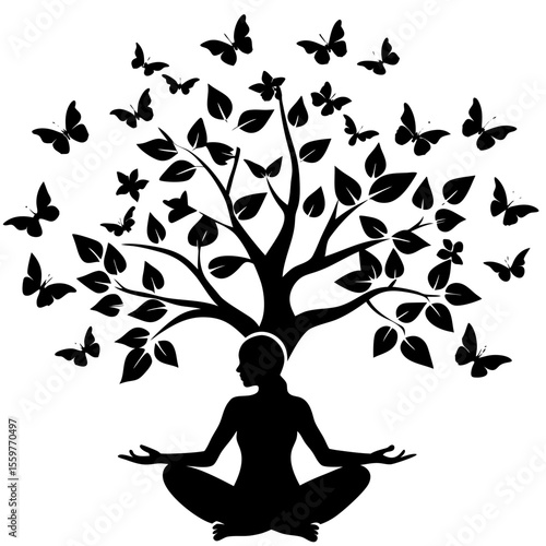 Woman meditating with a tree of life and butterflies growing from her head