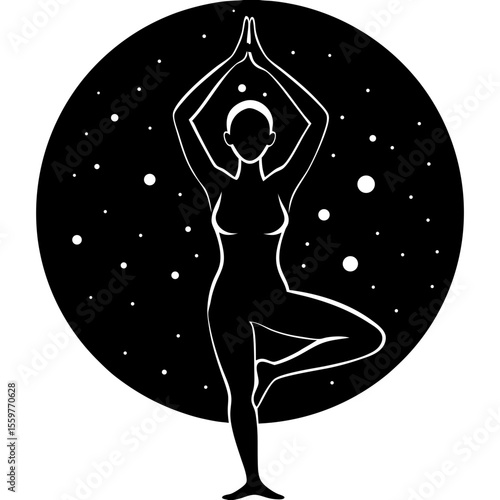 Silhouette of a woman in tree pose yoga against a starry night sky
