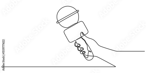 Continuous one line drawing of hand holding news microphone. Editable line, Journalist, reporter concept, This minimalist illustration represents a TV news reporter, capturing the essence of journalis