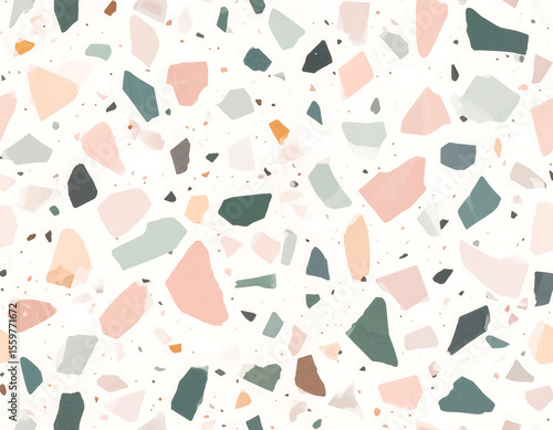 Abstract pattern of colorful, irregular shapes, resembling a terrazzo or mosaic design, on a white background.