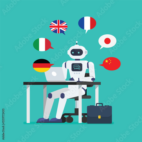 Android translator is working on a laptop computer at office desk