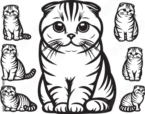 Scottish Fold Cat Vector in black and white