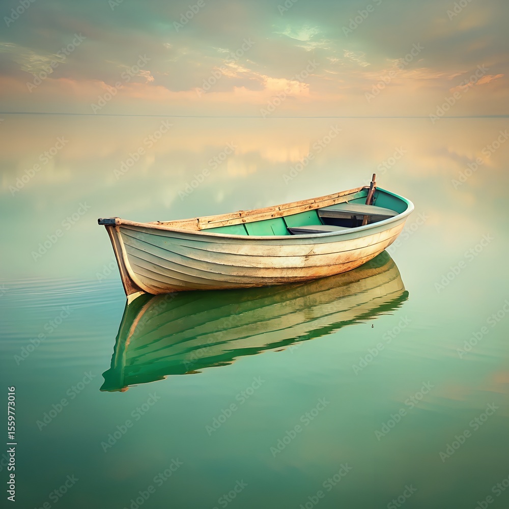 Small Boat on Calm Lake at Sunset Small Boat on Calm Lake at Sunset