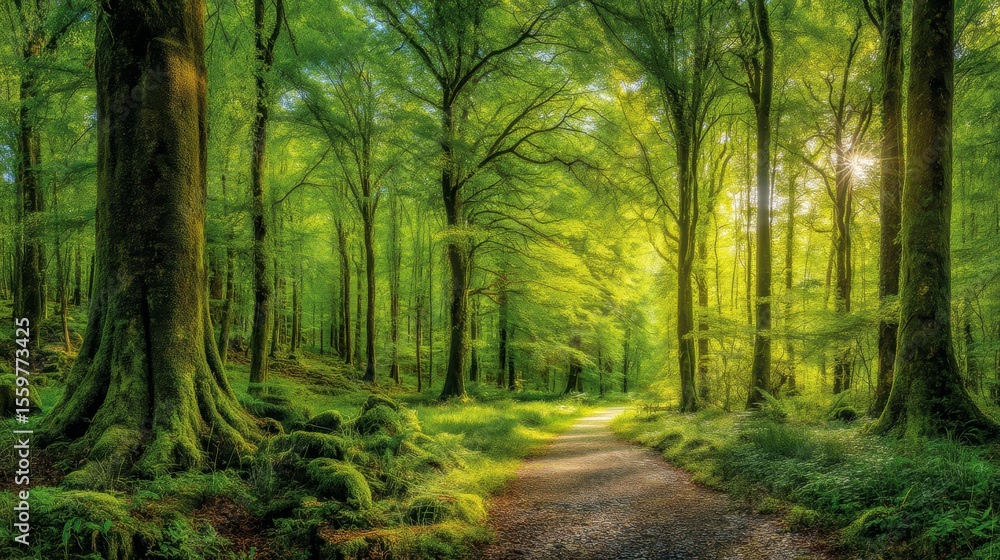 Fototapeta premium Lush Green Forest Path Surrounded by Tall Trees Sunlight Filtering Through Foliage