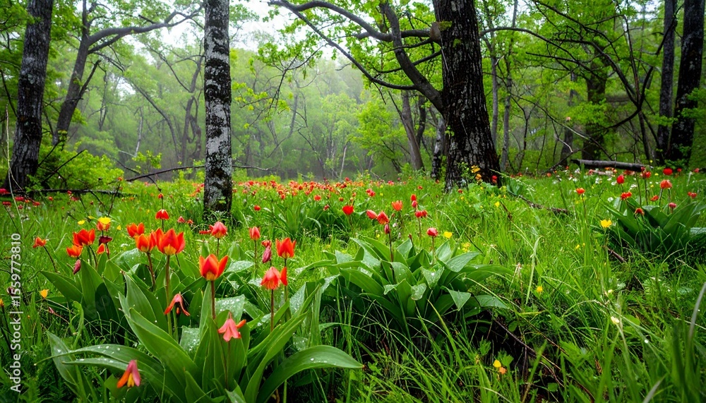 Fototapeta premium Tulip wood or tulip wild (Tulipa sylvestris L.) flowers on rainy day